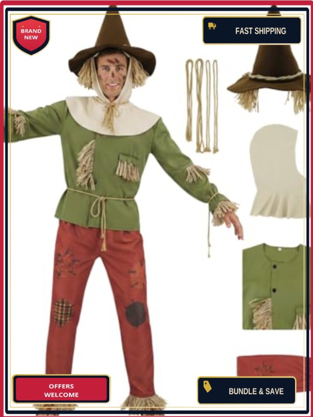 Adult Scarecrow Halloween Costume Set Fringed Shirt Patched Pants Hat Wizard